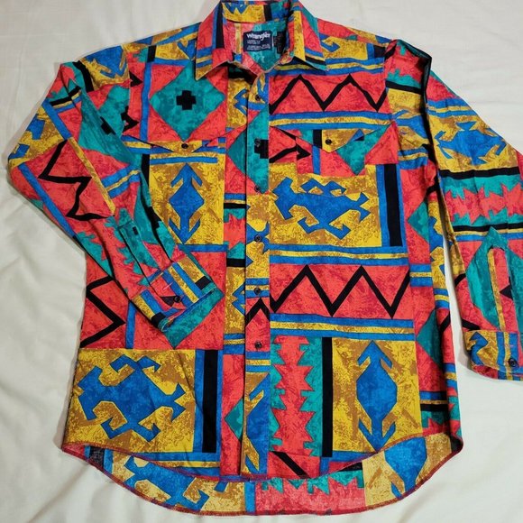 WRANGLER Other - VINTAGE WRANGLER AZTEC SOUTHWEST BRIGHT POP WESTERN LS SHIRT SIZE 16.5 35